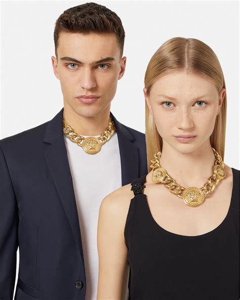 versace gold large round medusa chain necklace|Versace lock statement necklace.